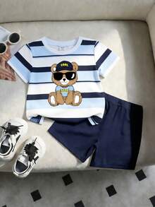 Souflis Souflis 2pcs/Set Baby Boy Casual Fashionable Cute Holiday Teddy Bear Cartoon Sunglasses Bear Print Striped Short Sleeve Top And Shorts Set, Suitable For Outings In Summer - Multicolor - View 3