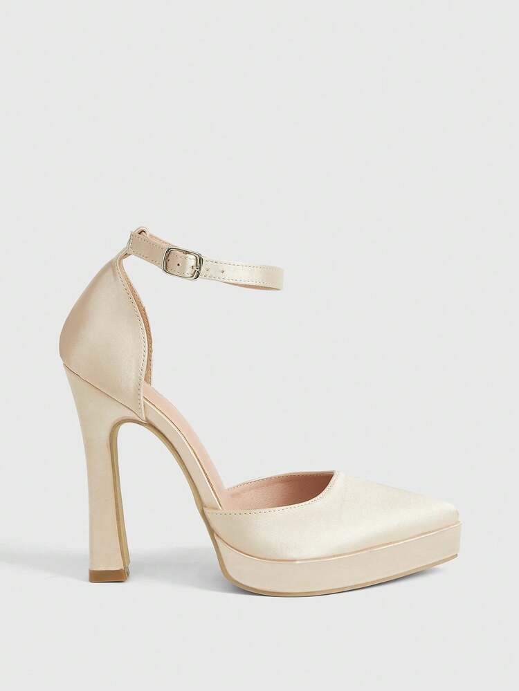 CUCCOO LuxiPop Women Shoes Outdoor Women's Pointed Thick High Heel Satin Fabric Stylish Simple Breathable Comfortable Daily Party Wedding Banquet Buckle Hollow Solid Color Shoes