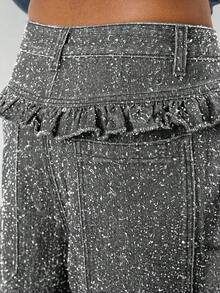 COUREZ 低腰宽松灯笼裤，荷叶边裤脚细节，纹理牛仔布/Y2K休闲冬装秋季女装可爱阔腿裤低腰牛仔裤套装 - 灰色 - 查看 7