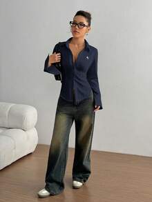 SHEIN PETITE Women's Embroidered Slim Fit Button-Down Long Sleeve Casual Shirt - Navy Blue - View 4