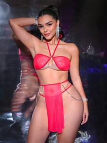 MidnightGlam 3pcs Women's Solid Color Sheer Mesh Backless Tie-Front Sexy Lingerie Set - Red - View 5