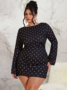 SHEIN BAE 大码女式波点喇叭袖连衣裙，情人节连衣裙 - 黑色 - 查看 8