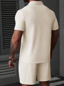 Manfinity Homme Men's Solid Color Short Sleeve Polo Shirt And Shorts Set - Apricot - View 2