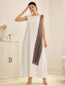 Al Najma Women's Casual Printed Sleeveless Long Arabic Dress White Maxi Dress Greek Dress Scarf Dress Modest Dress Asymmetrical Dress For Women - White - View 2