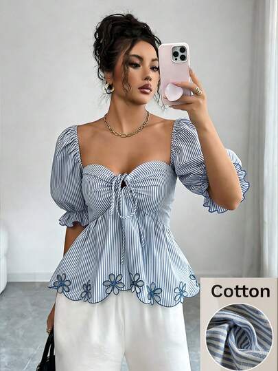 Selianne Women's Striped Tie Design Pleated Floral Hollow Out Pattern Fashionable Versatile Blouse