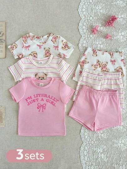 SHEIN 6pcs/Set Baby Girls Newborn Toddler 0-3Y Spring Summer New Cute Bear Solid Stripe T-Shirt & Shorts Outfit Set