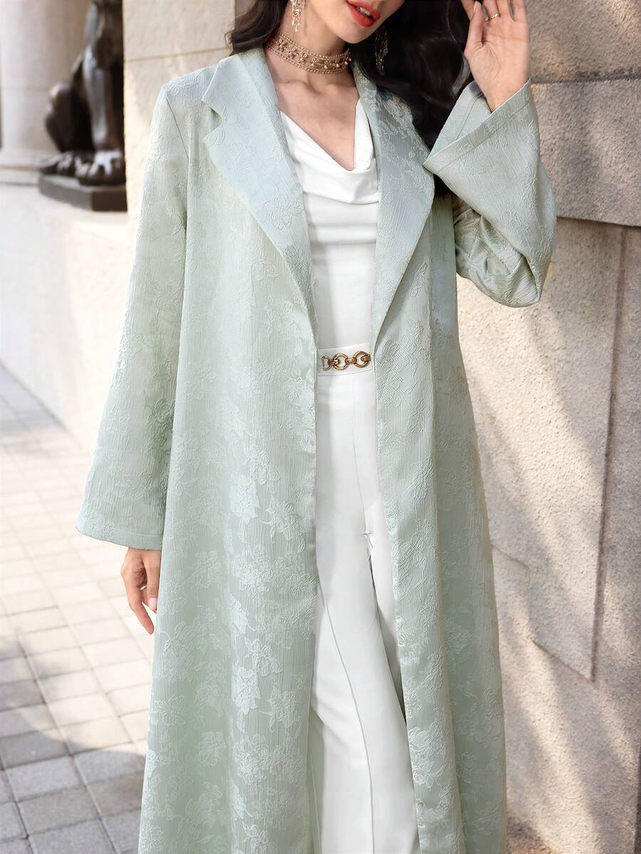 Yasmyna Women's Green Woven Jacquard Collar Elegant Arabic Abaya, Spring/Summer - Green - View 1