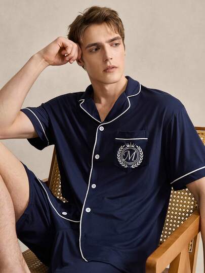EverLounge Men's British Style Solid Navy Blue Embroidered Front Short Sleeve Shorts Pajama Set