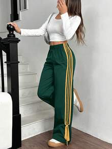 SHEIN EZwear Women Black Side Contrast White Tape Elastic Waist Pants Wide Leg Sweatpants Green Pants For Women Track Pants Drawstring Pants Wide Pants - Dark Green - View 5