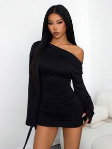 SHEIN PETITE 女士时尚性感纯色不对称领迷你连衣裙 - 黑色 - 查看 3