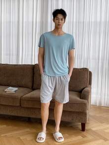 DAZY 男士纯蓝色圆领家居服上衣，夏季 - 藍色 - 查看 3