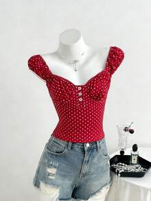 Sweetra Women's 1960s Vintage Red And White Polka Dot Crop Top, Y2K Summer Vacation Ruched Half-Placket Fitted T-Shirt, Retro Sweet Girly Style - Red and White - View 6