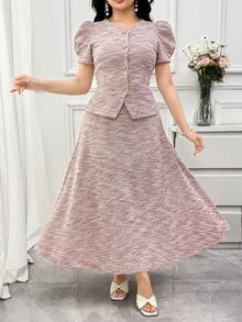 DAZY Women's Elegant Puff Sleeve Blouse And Skirt 2 Pieces Set, Summer - Pink - View 6