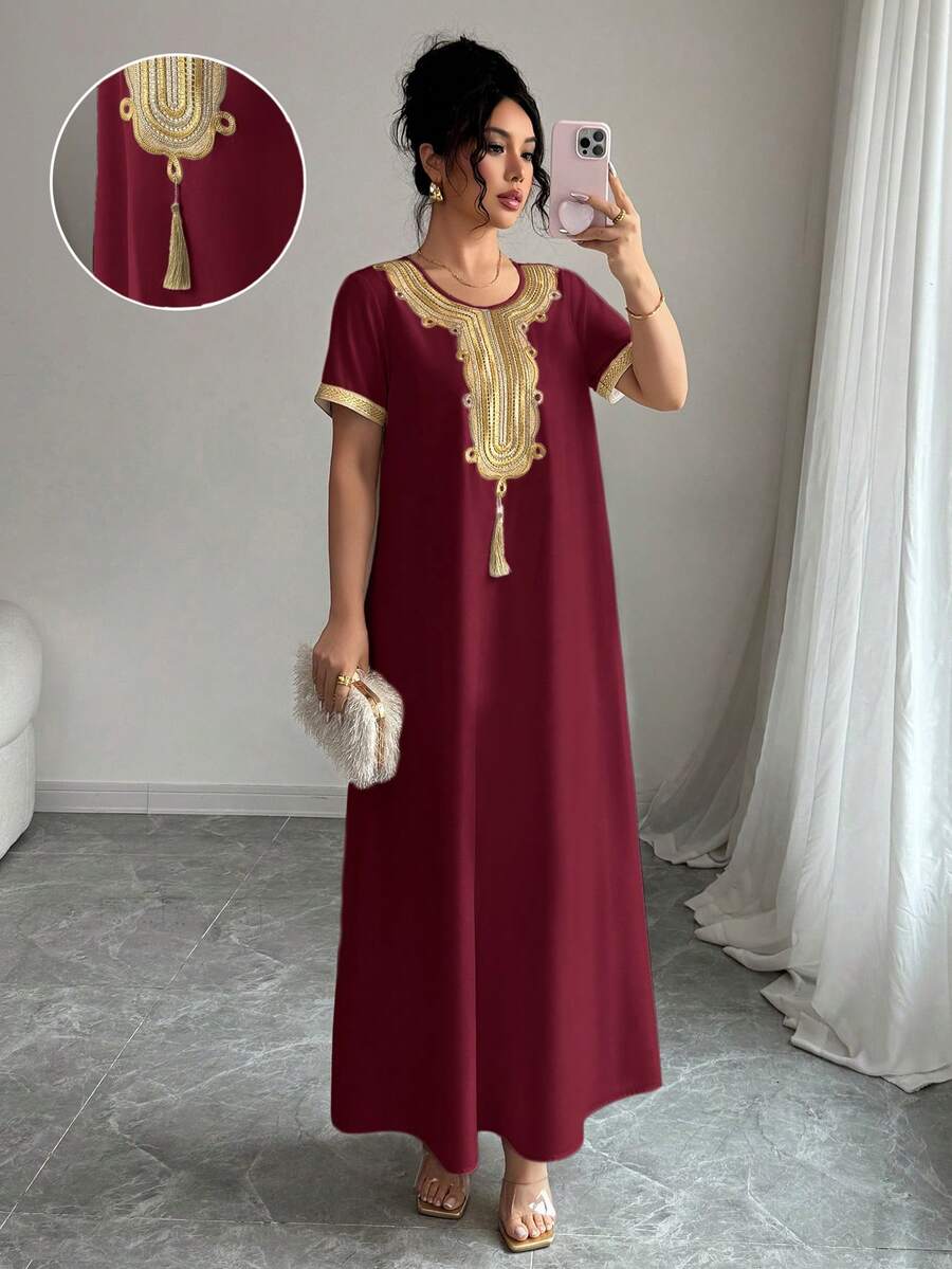 Rafferiza Đầm nữ mùa hè kiểu dáng thường ngày thanh lịch, phối nhiều mảnh vải, thêu họa tiết và tua rua. - Màu Đỏ Sâu - Xem 1