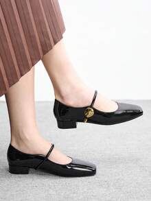 CUCCOO BIZCHIC 女士黑色漆皮简约时尚方头低跟系带玛丽珍鞋，适合职场通勤，优雅成熟风格，百搭办公鞋 - 黑色 - 查看 3