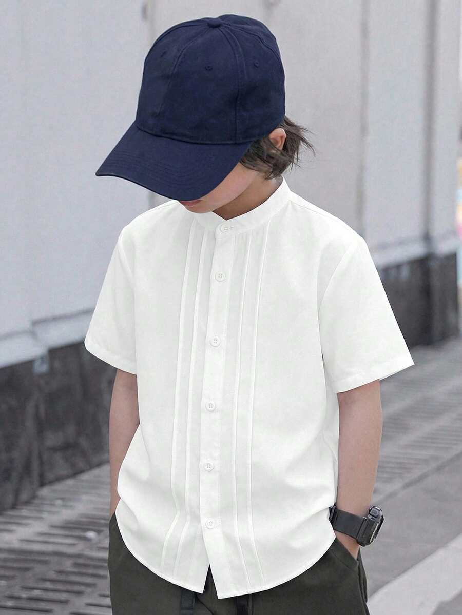 SHEIN 男童纯色短袖休闲前开襟衬衫，夏季日常穿着 - 白色 - 查看 1