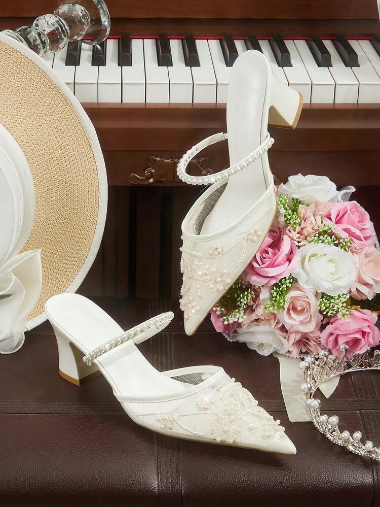 CUCCOO HITCHD Women Shoes Spring Summer Pearl Decorative Pointed Coarse Heel Mesh Solid Color Women's High Heel Shoes Daily Dating Commuter Holiday Party Shoes