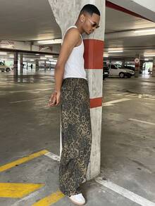 Ngobest Haus Ngobest Haus 男士豹纹牛仔裤，复古时尚休闲宽松直筒裤，垃圾摇滚 - 棕色 - 查看 5