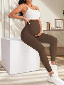 SHEIN Solid Color High Waist Seamless Yoga Maternity Leggings - Brown - View 6