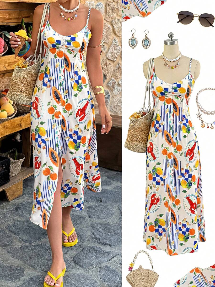 Selianne 女士龙虾海洋生物印花开衩设计休闲度假沙滩中长吊带裙 - 彩色 - 查看 1