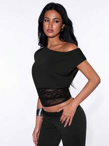 SHEIN ICON 女款不對稱單肩蕾絲收腰上衣 - 黑色 - 查看 3