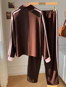 Comfortcana Set casual sportivo da 2 pezzi in tessuto marrone per taglie comode - Castano - Visualizzare 2