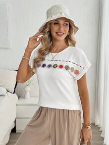 Louniche Bohemian White Knit Blouse Women, Colorful Crochet Hollow Lace Batwing Sleeve, Loose Flattering, Vacation Style Casual T-Shirt - White - View 6