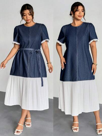 Firerie Plus Size Color Block Short Sleeve Denim Dress,Summer,Valentine's Day, Elegant Casual Vacation Spring Outfit For Women, Spring Dress For Women