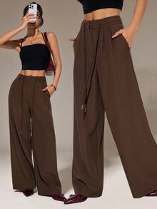 SHEIN PETITE Women's Solid Color High Waist Pockets Wide Leg Loose Pants, Suitable For Spring/Summer, Daily Wear, Commuting - Coffee Brown - View 11