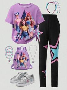 SHEIN 2pcs/Set Young Girl Purple K-Pop Cartoon Pattern Knit Soft Round Neck Short Sleeve T-Shirt And Elastic Waist Pants,Summer School Casual Outings Wear - Multicolor - View 1