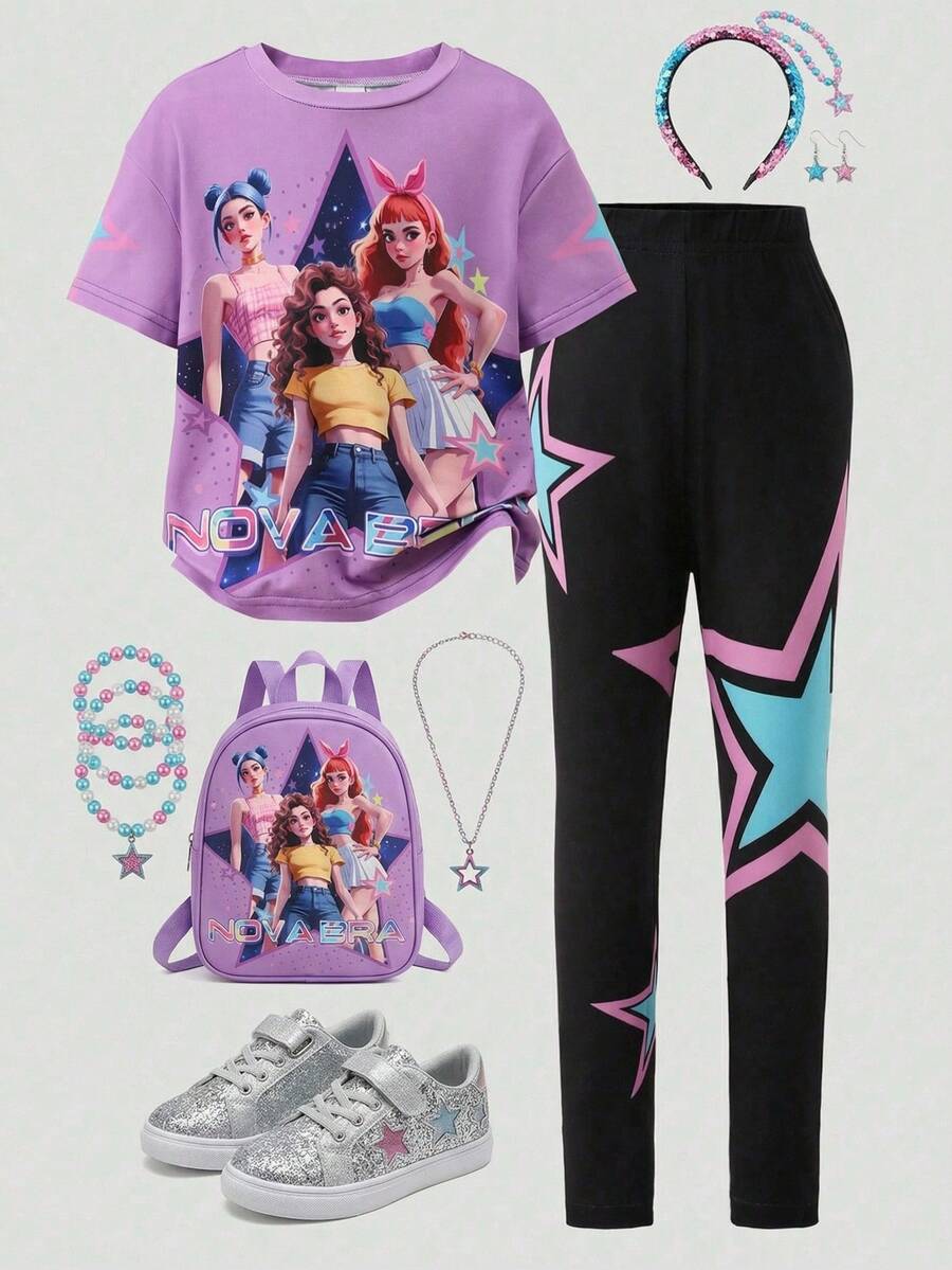 SHEIN 2pcs/Set Young Girl Purple K-Pop Cartoon Pattern Knit Soft Round Neck Short Sleeve T-Shirt And Elastic Waist Pants,Summer School Casual Outings Wear - Multicolor - View 1