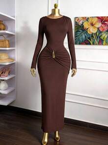Ellevyn Đầm dệt kim tay dài cổ tròn thanh lịch, eo thắt khóa kim loại, kiểu dáng tôn dáng, phù hợp mặc hàng ngày, dự tiệc và nhiều dịp khác nhau, mùa thu - Cà phê nâu - Xem 1