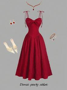 Sweetra 甜美少女风法式吊带连衣裙，红色，收腰设计，层叠飘逸裙摆，质感面料，蝴蝶结装饰，适合早春和情人节穿着。 - 紅色 - 查看 1