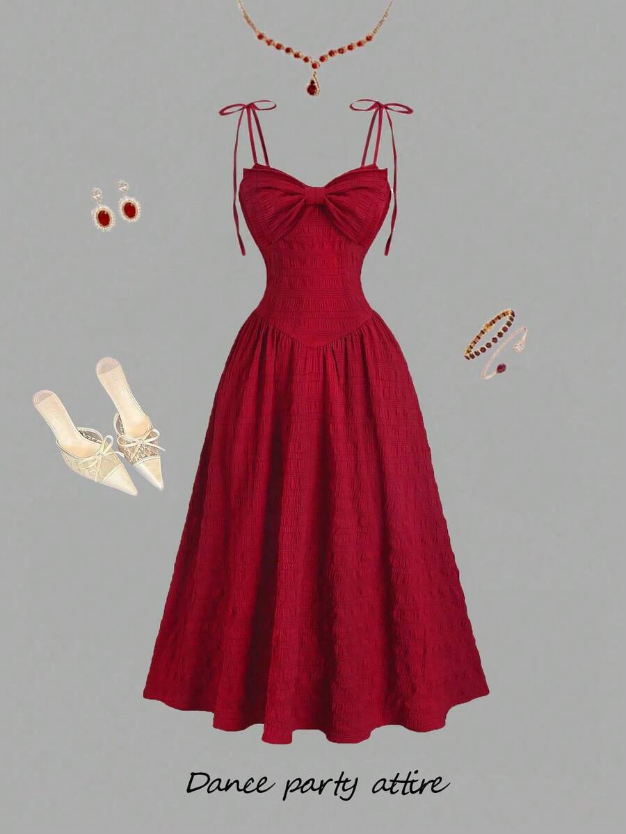 Sweetra 甜美少女风法式吊带连衣裙，红色，收腰设计，层叠飘逸裙摆，质感面料，蝴蝶结装饰，适合早春和情人节穿着。 - 紅色 - 查看 1