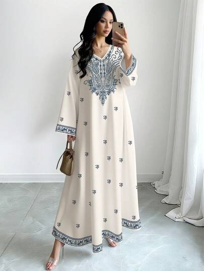 SHEIN Najma Cashew Flower Floral Digital Print V-Neck Long Sleeve Dress, Elegant Maxi Dress For Women In Spring/Summer, Graceful Arabic Style