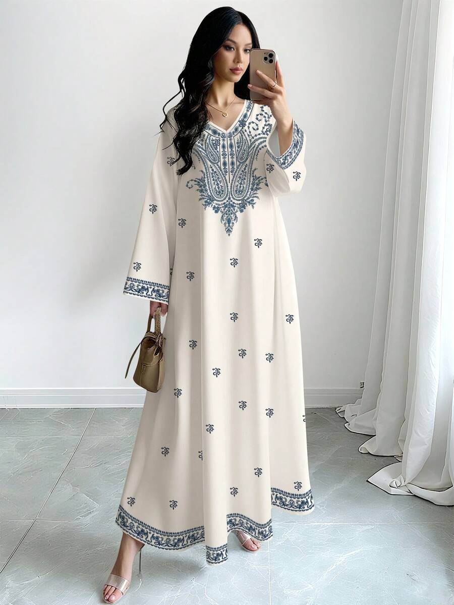 SHEIN Najma 腰果花印花V领长袖连衣裙,优雅的春夏女士长裙,阿拉伯风情 - 彩色 - 查看 1