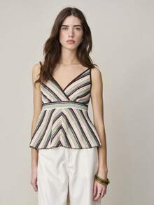 Nöista Green And White Striped,Summer,Boho,Vacation Multi-Colored Knit Camisole,Deep V-Neck Wrap Flowing A-Line Silhouette Fitted Hand-Knit Casual Tank Top - Green - View 5