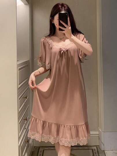 DAZY Romantic Lace Patchwork Bow Decor Women Short Sleeve Nightgown