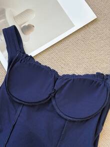 DAZY Women's Pleated Design Curved Hem Camisole With Built-In Padded Bra - Navy Blue - View 7