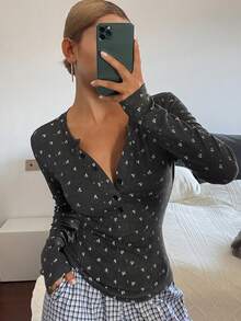 DAZY Ditsy Floral Partial Button-Up Fitted Women's Sleepwear Top - Dark Grey - View 1