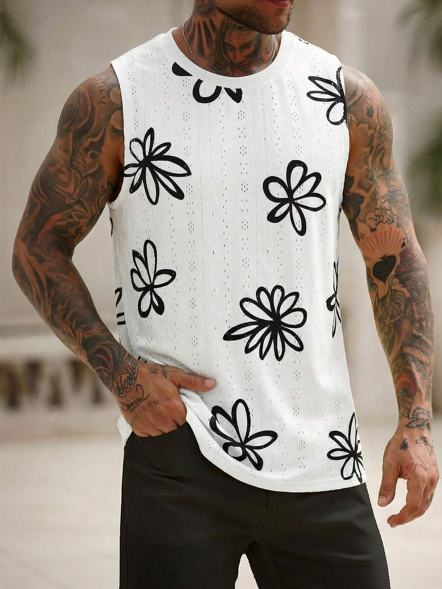 Manfinity RSRT Men's Round Neck Casual Loose Breathable Printed Tank Top, Summer - Apricot - View 1