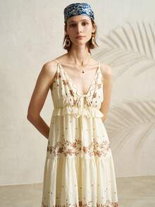 Airaco Embroidered Print V-Neck Sleeveless Backless Dress - Multicolor - View 3