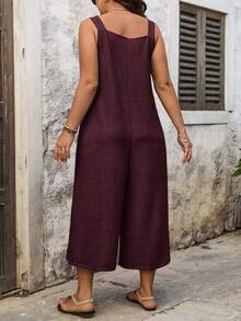 Linhara CURVE 大码抽绳口袋装饰直筒连体裤 女士休闲连体裤 酒红色连体裤 女士夏季连体裤 女士七分连体裤 大码女士背带裤 春夏精选 母亲节服装 女士连体裤 女士阔腿连体裤 - 酒紅色 - 查看 2