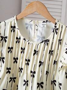 SHEIN Tween Girl Round Neck Bow Print Pleated Casual Versatile Daily Wear Cap Sleeve Blouse - Apricot - View 8