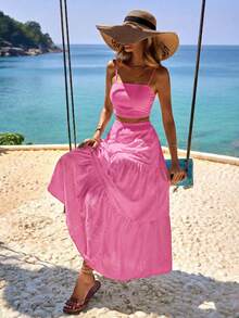 Vivid Eden Vacation Style Monochrome Hollow Out Embroidered Top & Long Skirt 2pcs/Set,Wedding Season - Pink - View 6