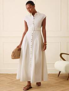 Lilora Women's Elegant Long Open Front Shirt Dress - Beige - View 4