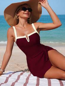 Swim Lushoire Conjunto de 2 piezas de vestido de playa asimétrico con escote en V y contraste de color, adecuado para vacaciones de verano en la playa - Burdeos - Ver 4