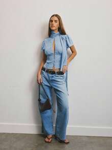 Aralina 女士纯色简约短袖衬衫，休闲日常穿着 - 淺藍色 - 查看 6