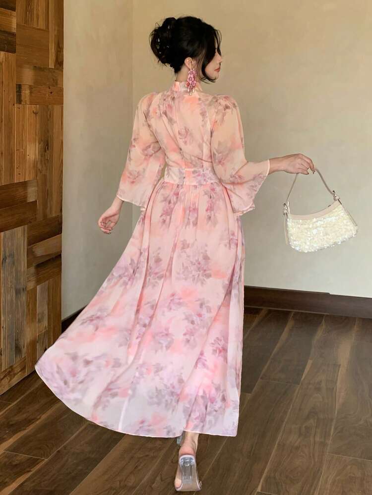 Women's Elegant Floral Print Stand Collar Ruffle Sleeve Mid-Length Dress, Spring/Summer Wedding Guest Dress Sundress