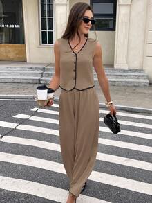 Serisse Women's Contrast Trim V-Neck Button Front Tank Top And Pants Casual 2 Pieces Set - Khaki - View 4